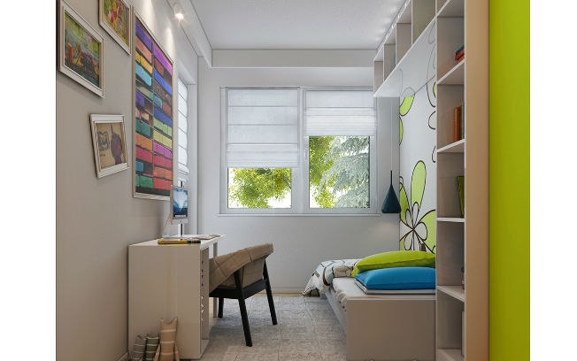 A solução proposta pelos profissionais do escritório búlgaro Cholakov-Gongalov Architects foi concentrar a cama e os nichos em uma parede e liberar a outra para a mesa de estudos