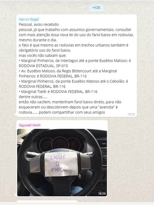 Mensagem alertando motoristas a usar o farol baixo nas Marginais foi passada pelo WhatsApp