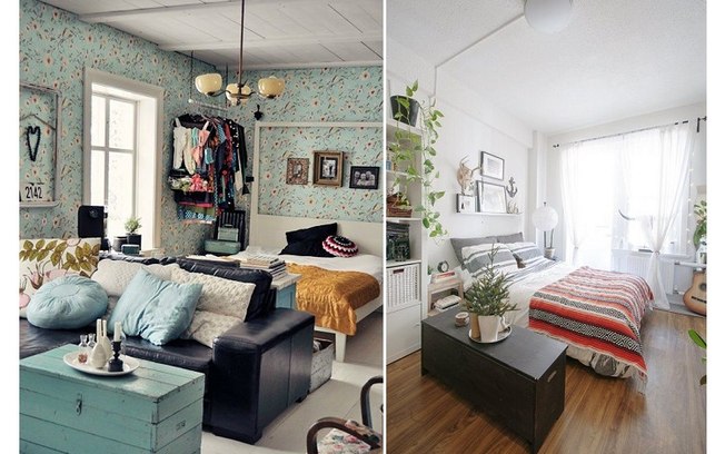 Colocar um móvel como um baú, uma estante ou um sofá ao lado ou na frente da cama também dividem o apartamento