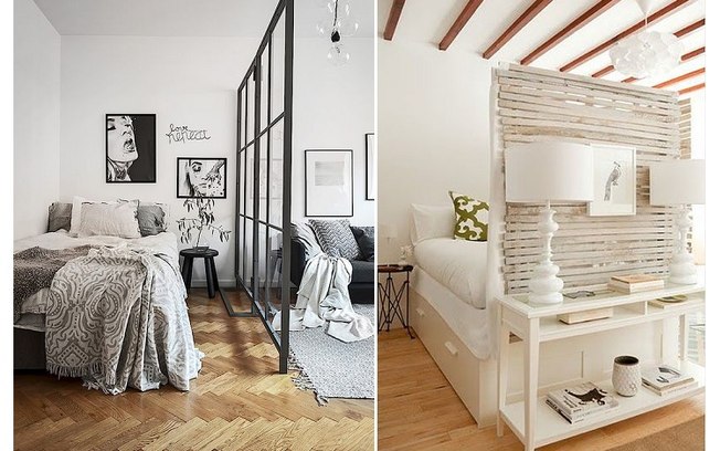 Posicionar painéis ao lado ou na frente da cama também é uma boa forma de delimitar uma área para o quarto