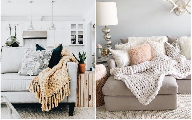 Além de ser útil, espalhar cobertas e almofadas em sofás e poltronas é interessante para a decoração