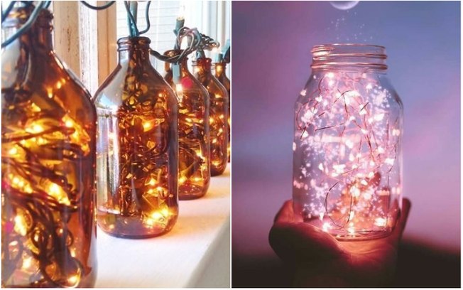 Quando colocados dentro de garrafas e outros recipientes, os cordões de luz formam simpáticos enfeites