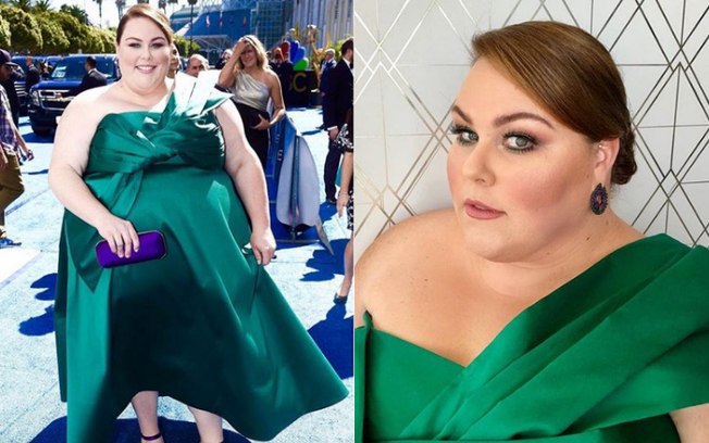 Looks das famosas: Chrissy Metz apostou no 'color block' para tornar o vestido verde esmeralda digno de uma premiação