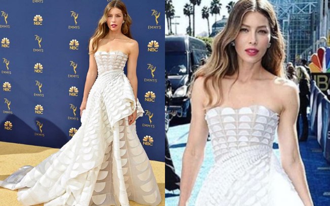 Looks das famosas: Jessica Biel apostou em um vestido branco com diversos detalhes e combinou com um batom forte