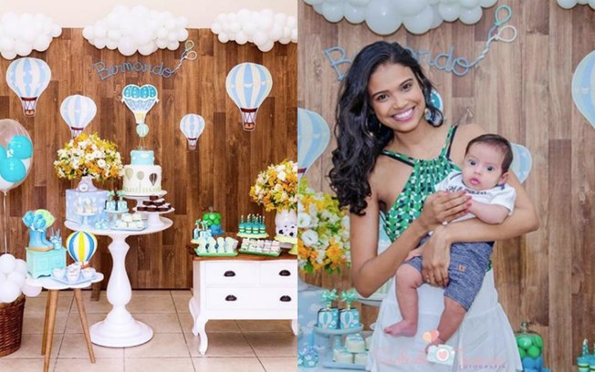 Balões e o céu foram o tema do mesversário de três meses do pequeno Bernardo%2C filho da atriz Aline Dias